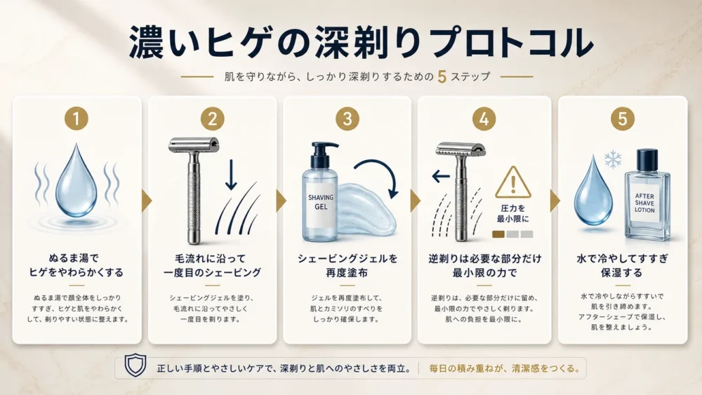 濃いヒゲを安全に深剃りする運行プロトコル
